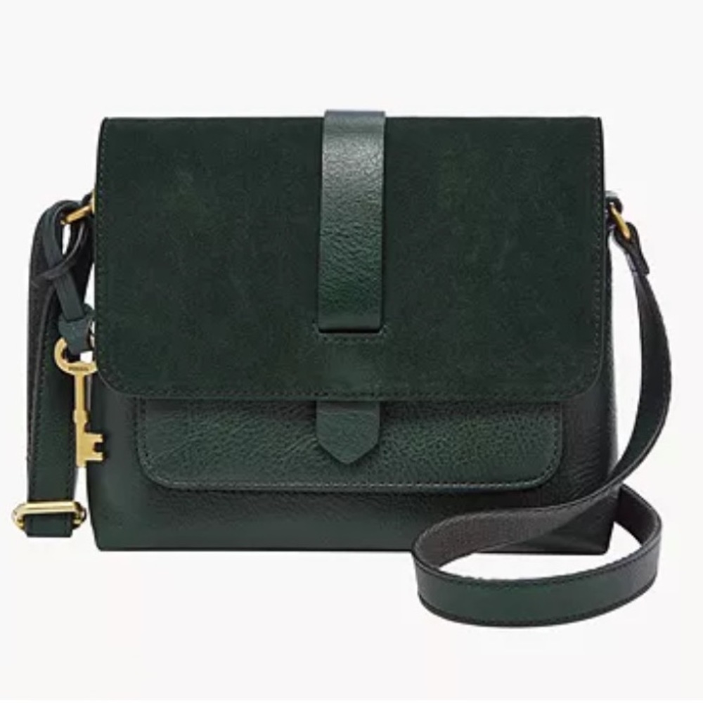Fossil Kinley Crossbody Bag Purse Spruce Green Leather Suede Brass Hardware